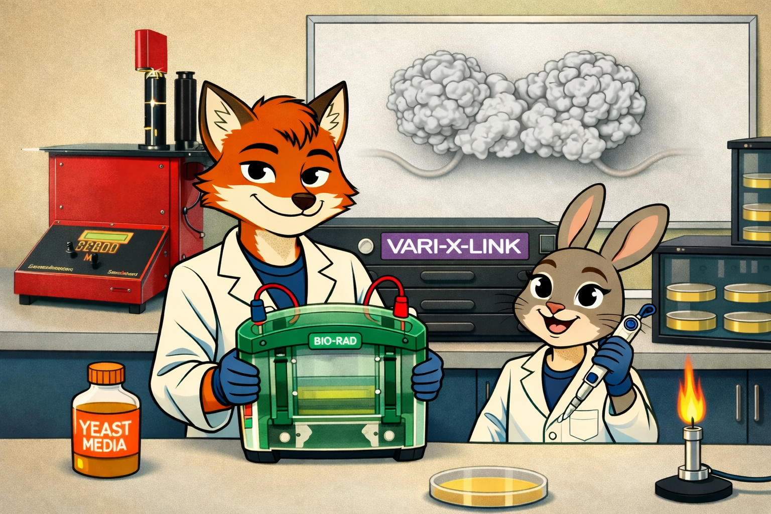 animals working in the lab with a gradient station, a UV crosslinker, western blot equipment and yeast. Collided ribosomes in the background.